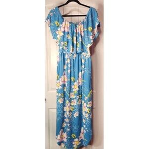 VERABENDI Ruffle Blue Floral Off The Shoulder Maxi Dress with Pockets Size M